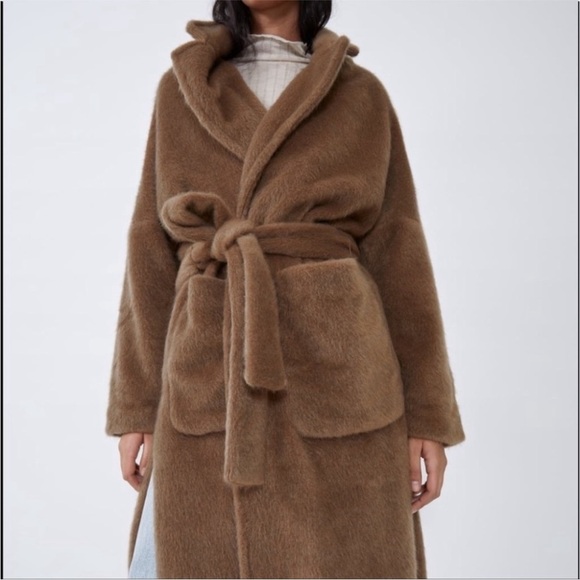 ZARA Faux Fur Teddy Tie Waist Coat Camel Small - Picture 12 of 16
